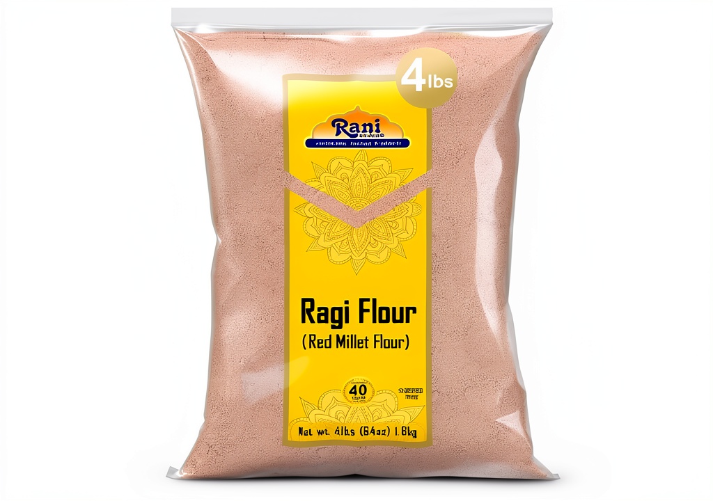 Rani Ragi Red Millet Flour package showcasing its natural texture and packaging