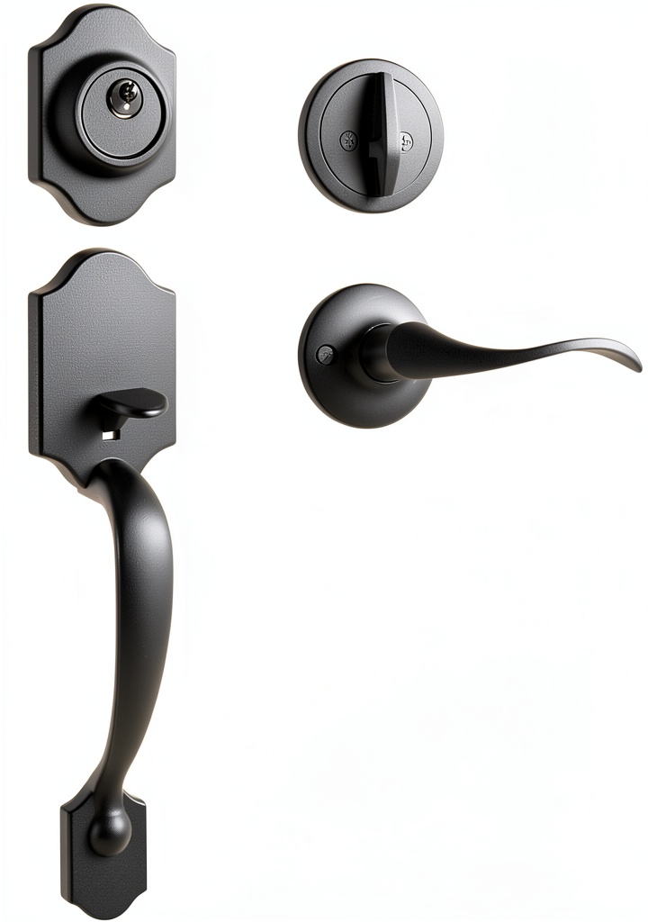 Installing Haidms matte black front door lock set with reversible lever on a wooden workbench