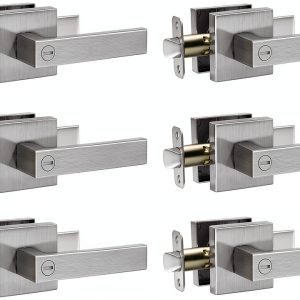 Interior Door Handle Satin Nickel Door Knob Keyless Levers Set (6 Pack), Heavy Duty Privacy Door Handle Lock for Bedroom or Bathroom, Square Door Lock for Left Right Handle Doors-0